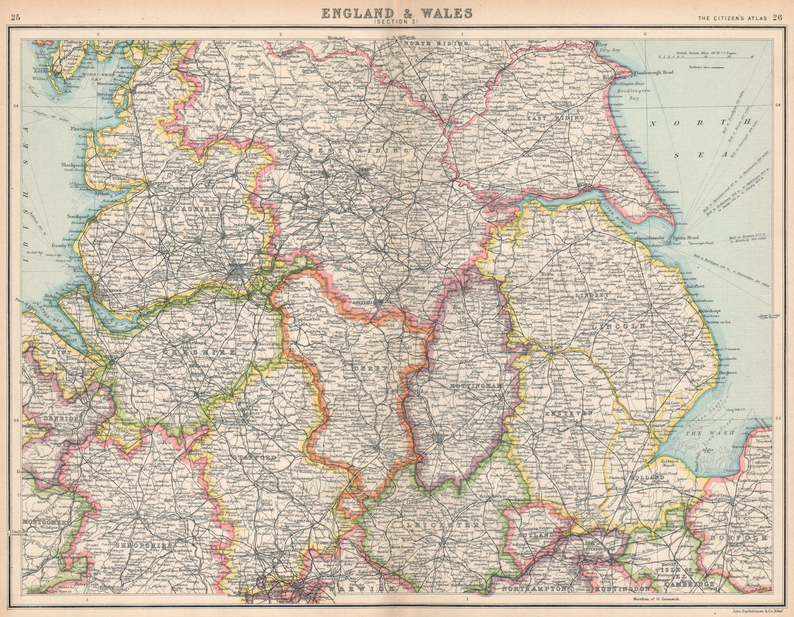 ENGLAND NORTH. Lancashire Yorkshire Lincs Notts Derbys Cheshire Staffs 1912 map